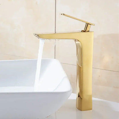 Modern matte black and gold decorbites basin faucet with a gold-toned sleek rectangular design and single lever handle