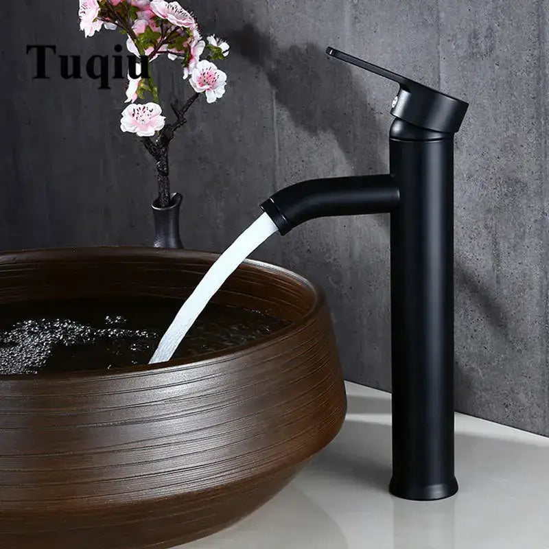 Modern matte black single handle wash basin faucet with sleek cylindrical design decorbites black single finish