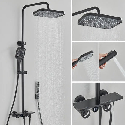 Modern matte black and grey digital shower faucet set with rainfall head handheld spray and temperature display