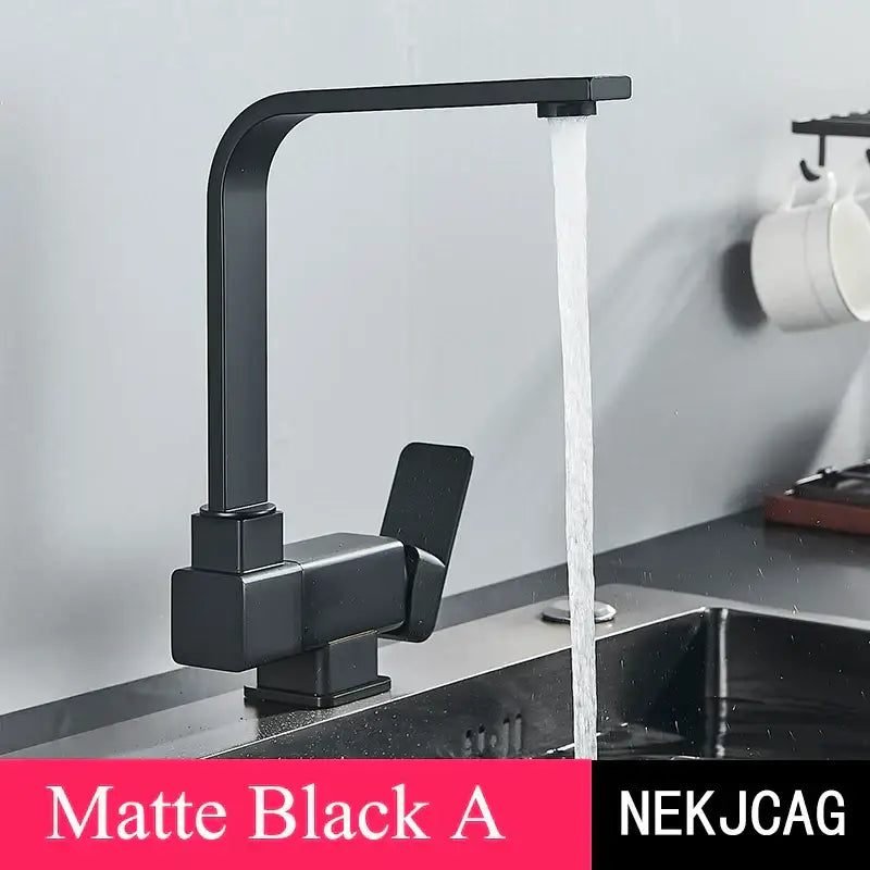 Modern matte black kitchen faucet with angular geometric design and 360 rotating black kitchen sink mixer tap