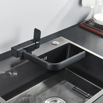 Modern matte black kitchen faucet with a sleek angular design and integrated pull-down spout rotating black kitchen faucet