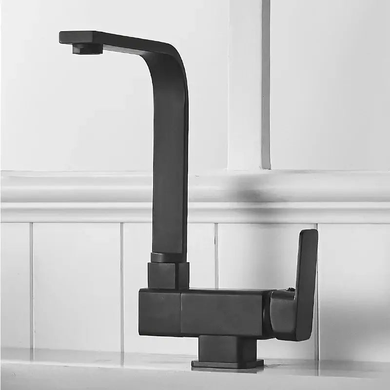 Modern matte black kitchen faucet with angular geometric design and 360 rotating black kitchen sink mixer tap