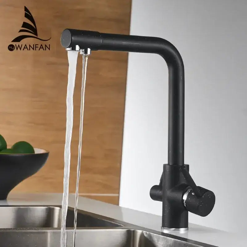 Modern matte black kitchen faucet mixer with sleek design and 360 rotation featuring dual-stream water flow decorbites kitchen faucet