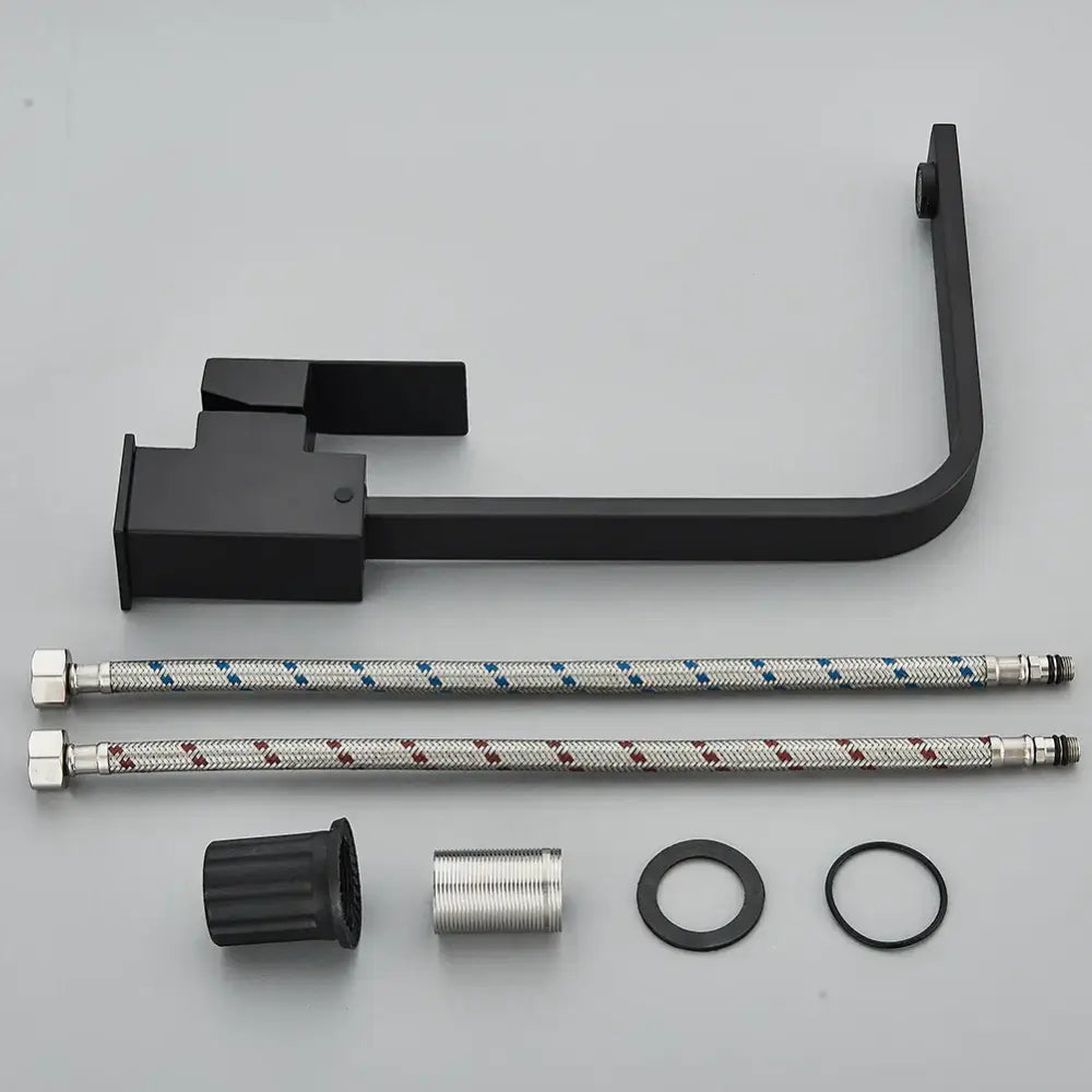 Modern matte black kitchen faucet with brushed nickel fittings and two braided metal hoses by decorbites brushed nickel