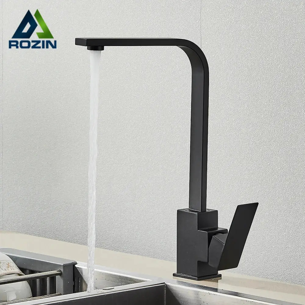 Modern matte black kitchen faucet with angular design and single lever handle by decorbites brushed nickel