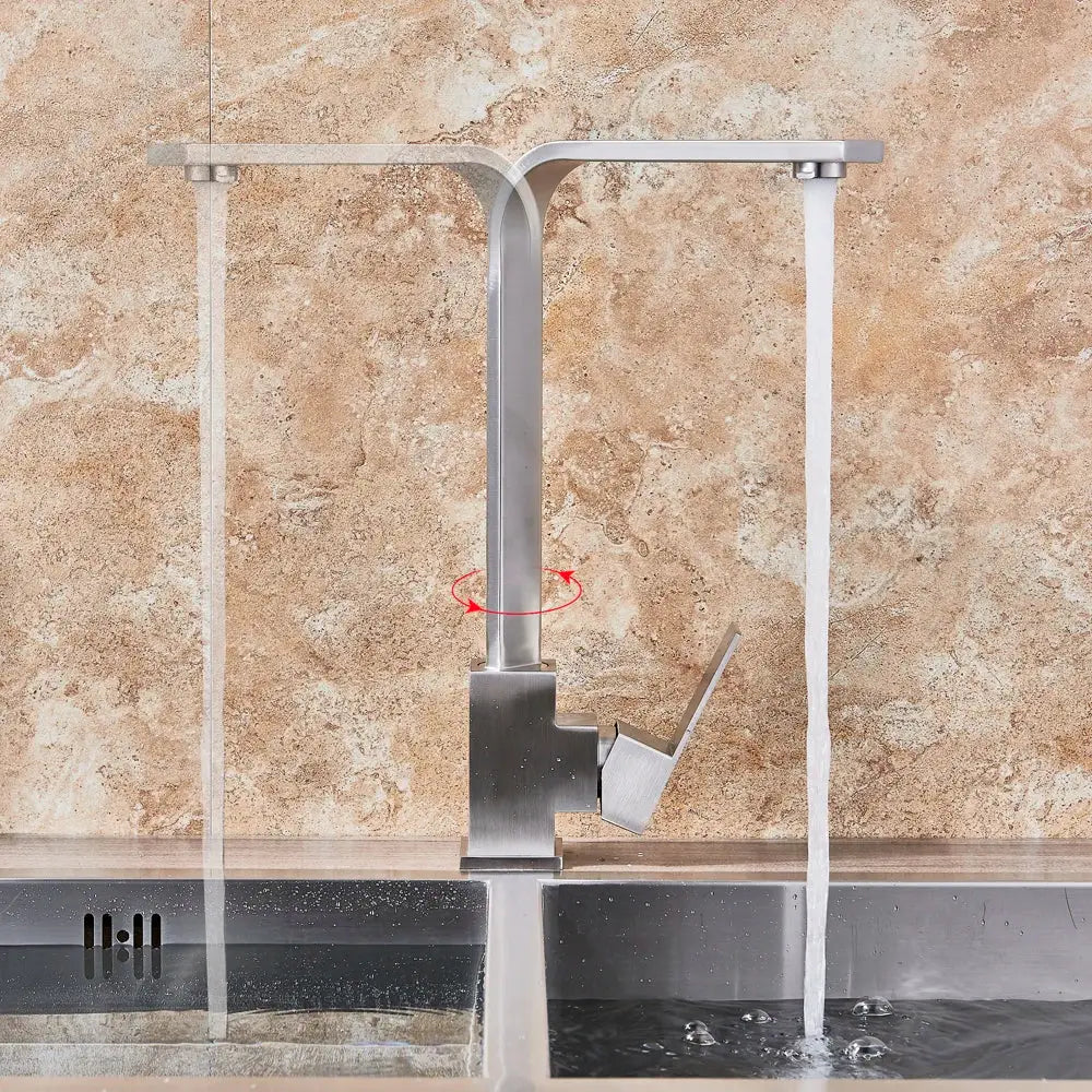Modern brushed stainless steel waterfall kitchen faucet with dual spouts and sleek angular design in brushed nickel finish