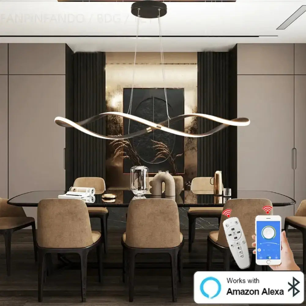 Matte black modern led chandelier with sleek silver pendant light and integrated alexa smart controls for living room use