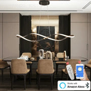 Matte black modern led chandelier with sleek silver pendant light and integrated alexa smart controls for living room use
