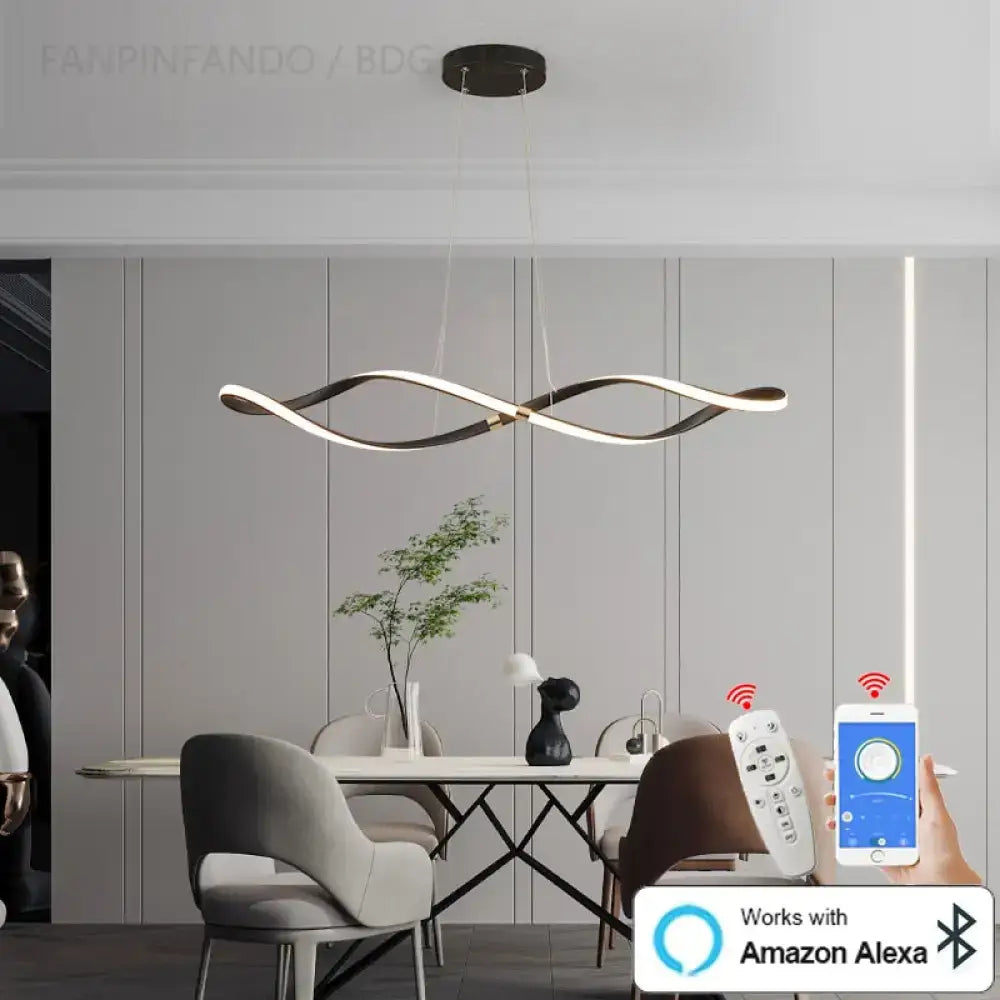 Matte black modern led chandelier with sleek wave-like design for restaurant kitchen island living room bedroom lighting