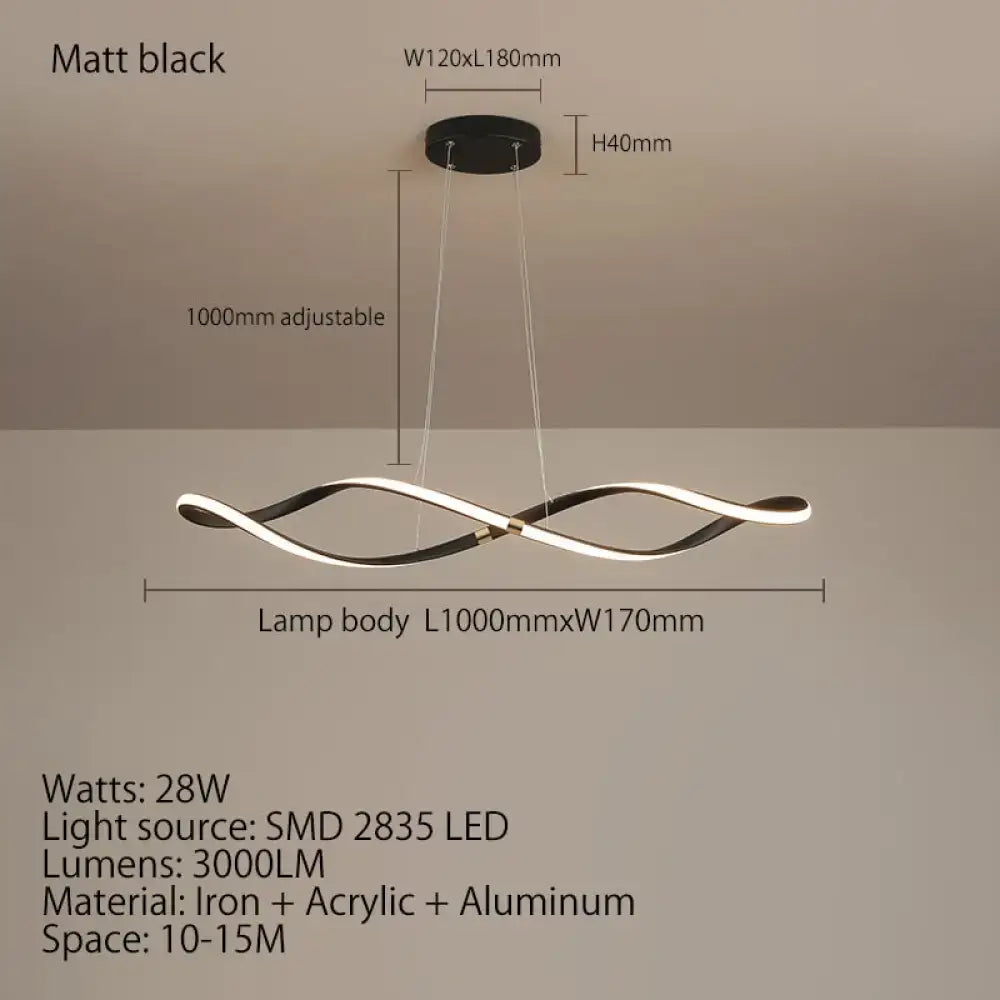 Matte black modern led chandelier with sleek twisted design and adjustable hanging length for living room and kitchen island