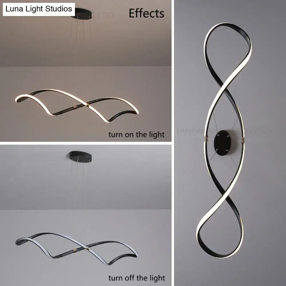 Matte black modern led chandelier with infinity-shaped black and silver twisted design for kitchen island and living room
