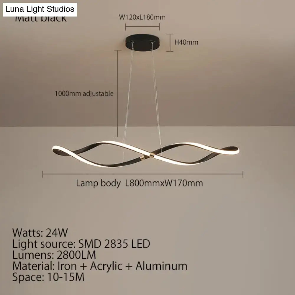 Matte black modern led chandelier with sleek twisted design and integrated lighting for kitchen island and living room