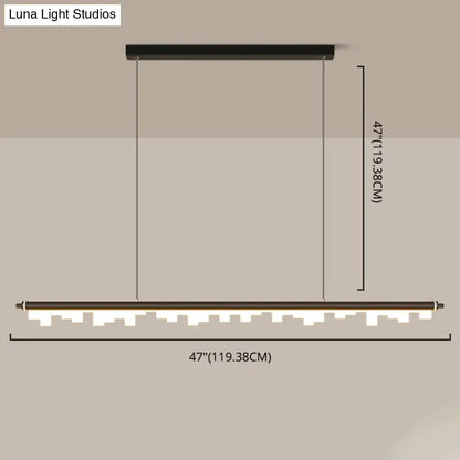 Modern matte black led island light with acrylic shade and chain cord length featuring warm white cityscape silhouette