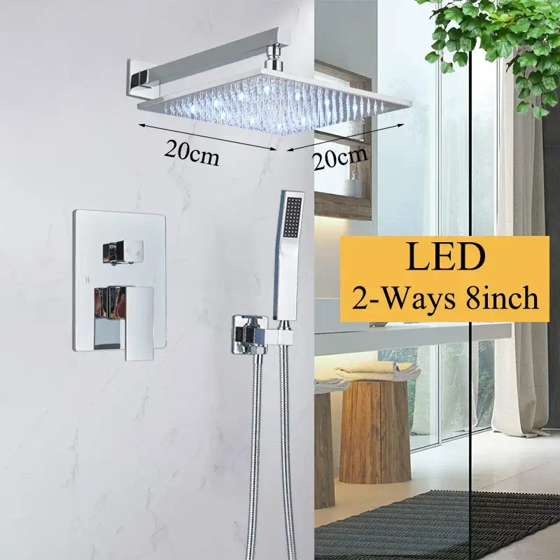 Modern matte black shower faucet set with square chrome led rainfall showerhead and crystal-like accents
