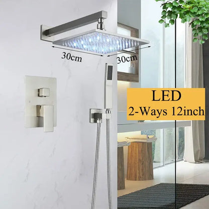 Modern matte black led rainfall shower faucet set with a square 30cm brushed nickel led shower faucet head with crystal accents