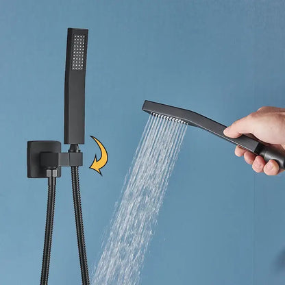 Modern matte black led rainfall shower faucet set with rectangular wall-mounted fixture and handheld spray nozzles