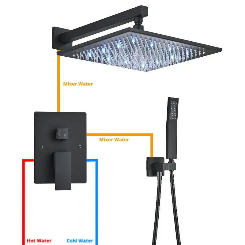 Modern matte black led rainfall shower faucet set featuring a square rain shower head with led lights and wall control panel