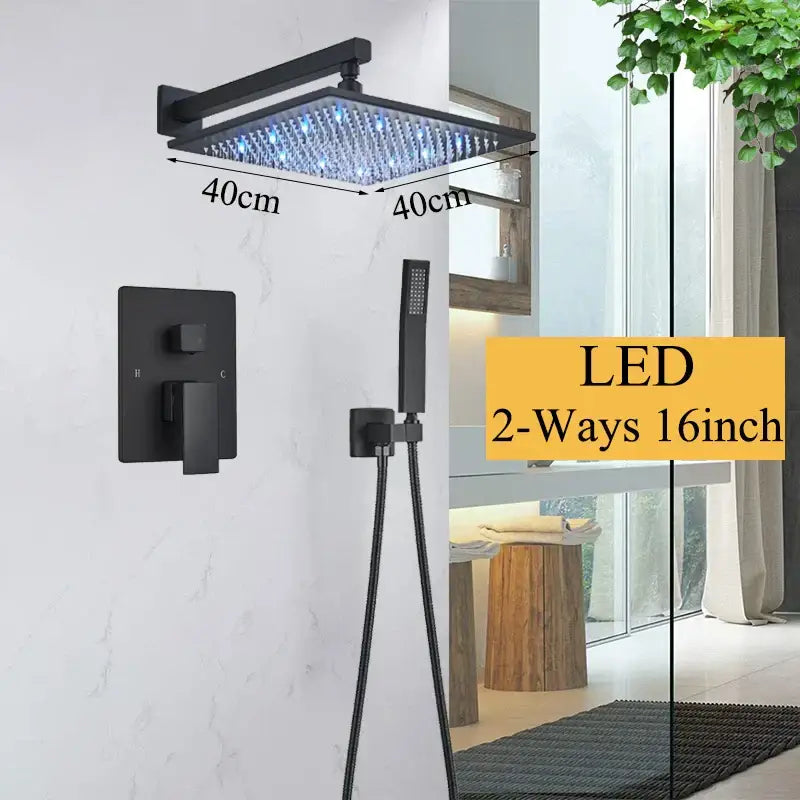 Modern matte black led rainfall shower faucet set featuring a 40cm square led shower faucet with integrated blue lighting