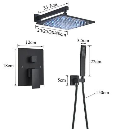 Modern matte black led rainfall shower faucet set featuring a black matte-finish square shower faucet with integrated led lights