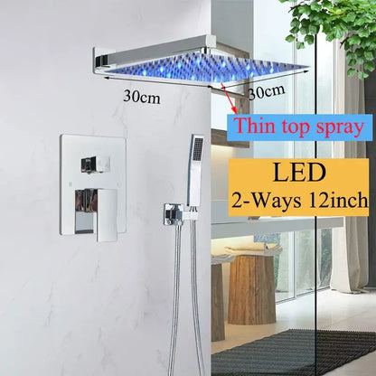 Modern matte black shower faucet set with chrome finished 30cm square led rainfall shower head and blue lighting