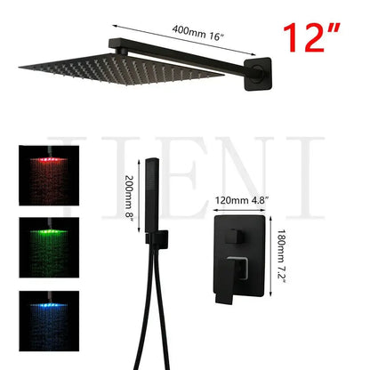 Modern matte black led shower faucet set featuring a black matte-finish square rain shower head with red green blue lighting