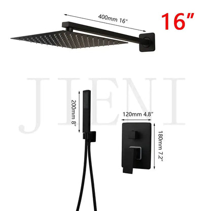 Modern matte black led shower faucet set with black matte finish square rain shower head and matching handheld shower faucet set