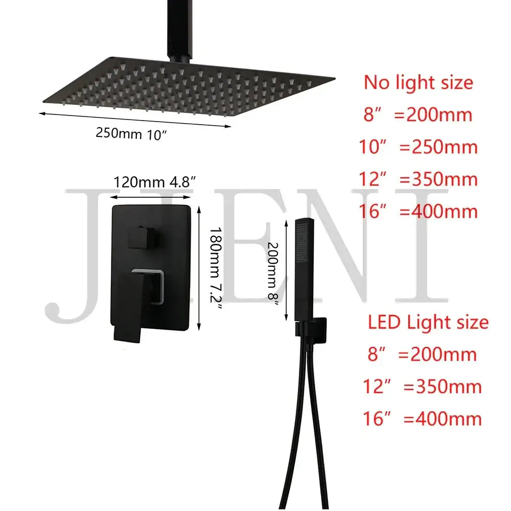 Modern matte black shower faucet set with black matte square rain head, integrated control panel, and handheld spray nozzle