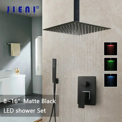 Modern matte black shower faucet set with square rain shower head and integrated red green blue led lighting
