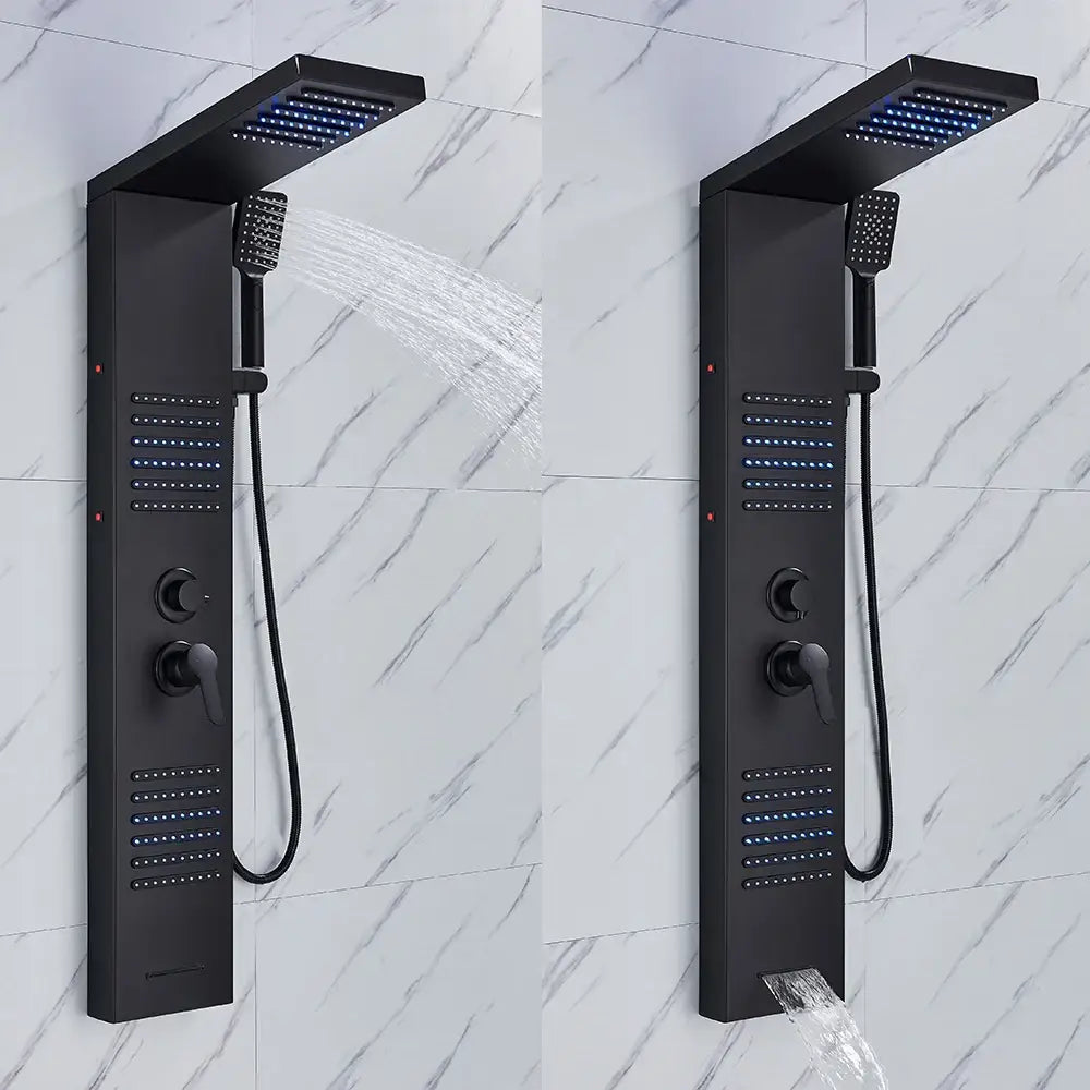 Modern matte black led shower panel with stainless steel handheld sprayer and blue led lighting accents