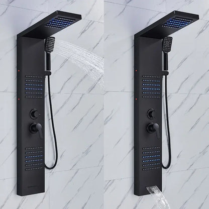 Modern matte black led shower panel with stainless steel handheld sprayer and blue led lighting accents