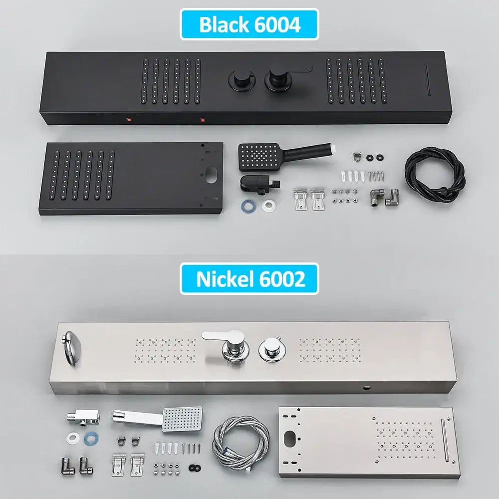 Modern matte black led shower panel with handheld sprayer and stainless steel nickel 6002 sleek rectangular design