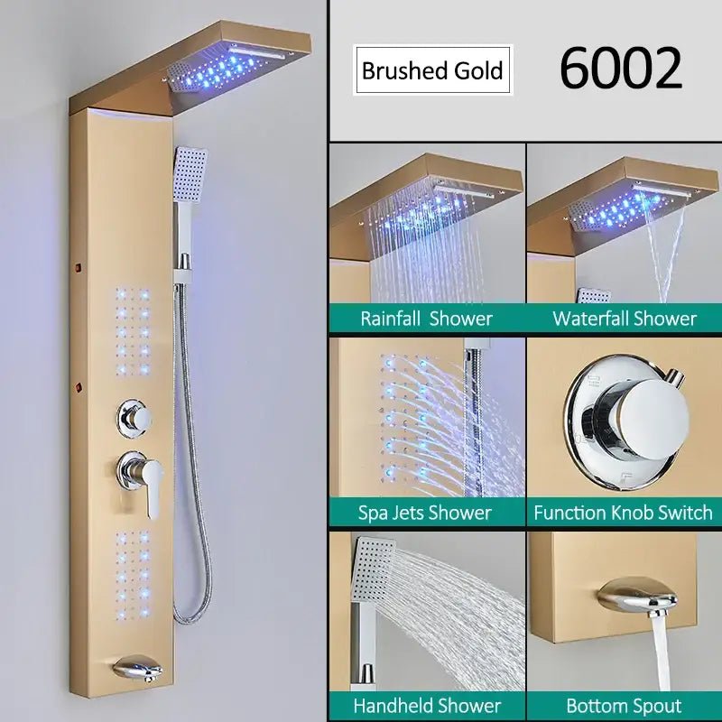 Modern matte black led shower panel with brushed gold rainforest shower system stainless steel multiple spray modes and led lighting