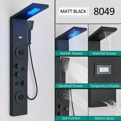 Modern matte black led shower panel with integrated led lighting multiple spray functions and handheld sprayer