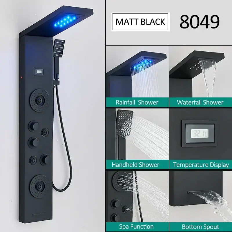 Modern matte black led shower panel with integrated led lighting multiple spray functions and handheld sprayer