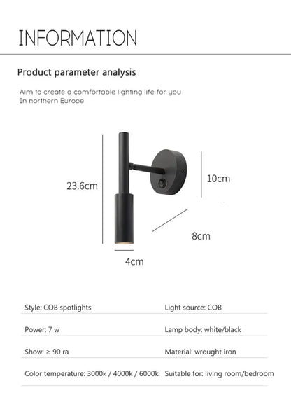 Modern matte black led wall lamp reading light with black wrought iron cob spotlight and adjustable arm for bedroom use