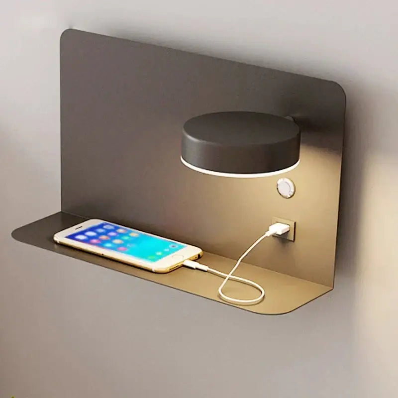 Modern matte black led wall lights with usb port featuring a wall-mounted shelf for bedroom decorbites led wall use
