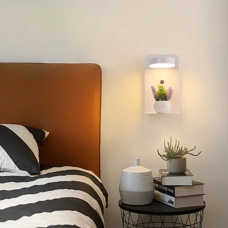 Modern matte black led wall lights with usb port featuring white wall-mounted lamp and illuminated recessed plant compartment