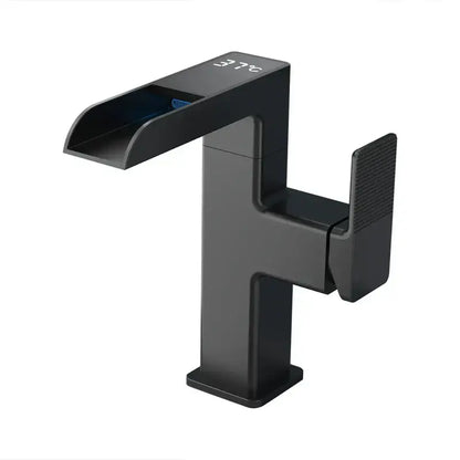 Modern matte black basin faucet with led waterfall design and textured handle for bathroom decorbites led waterfall use