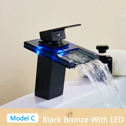 Modern matte black led waterfall bathroom sink faucet in black bronze with integrated blue led lighting decorbites led waterfall