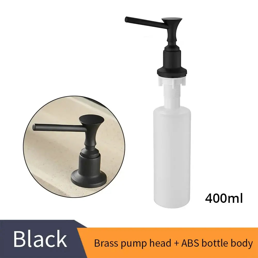 Modern matte black liquid soap dispenser with black brass pump mounted on translucent white abs bottle for kitchen use