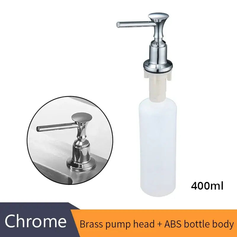 Modern matte black liquid soap dispenser with chrome-finished brass pump head and cylindrical abs bottle for 400ml capacity