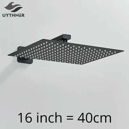 Modern matte black luxury rain shower head with square matte finish and triangular spray nozzles with wall shower arm