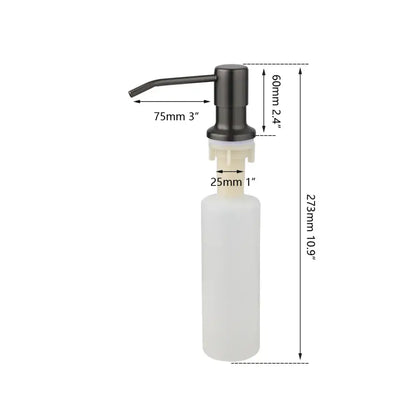 Modern matte black metal soap dispenser with white translucent plastic body and curved spout for liquid soap decorbites grey rose