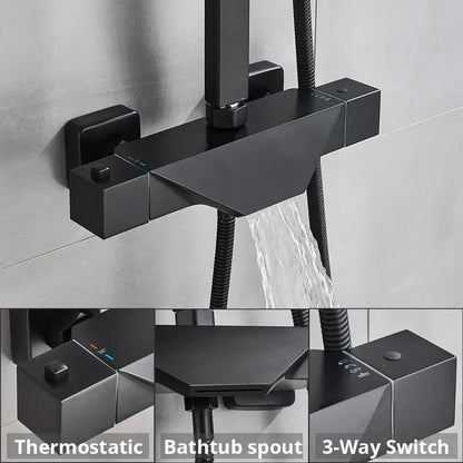 Modern matte black shower faucet set with geometric design and integrated bathtub spout wall mount for bathroom use