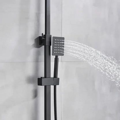 Modern matte black shower faucet set featuring a square matte-finish rain showerhead mounted on a matching rail system