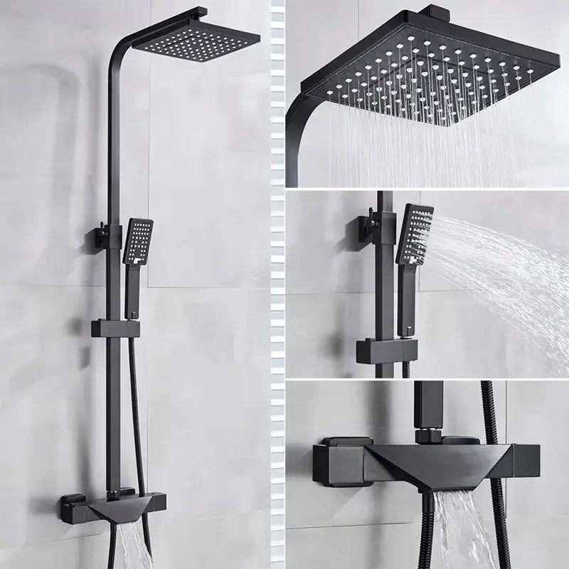 Modern matte black shower faucet set with square rainhead, handheld spray nozzle, and angular faucet design wall mount
