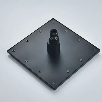 Black square mounting plate with central fixture and eight screws for decorbites black rain shower faucet bathroom use