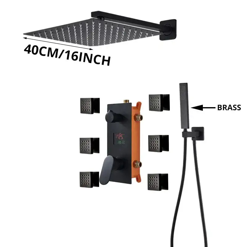 Modern matte black decorbites shower faucet with 40cm square rainfall showerhead and massage system nozzles
