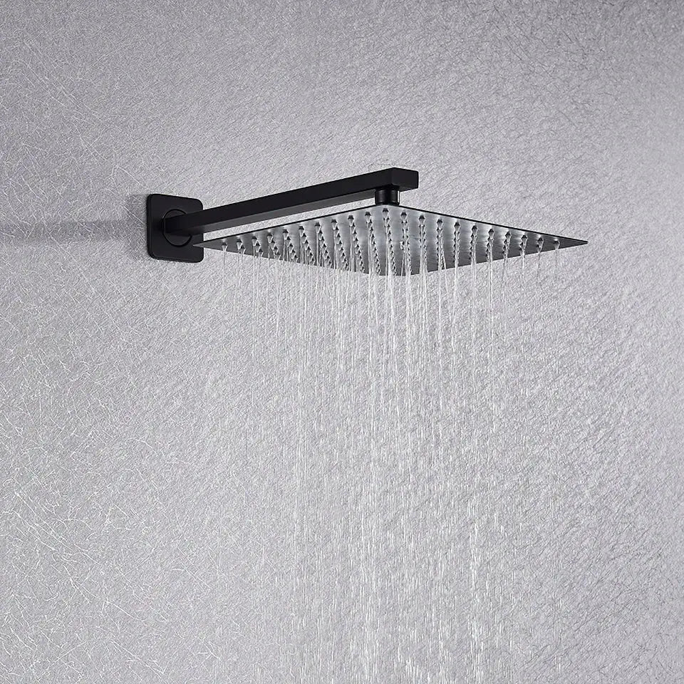 Modern matte black decorbites shower faucet with massage system featuring a matte-finished square rainfall showerhead