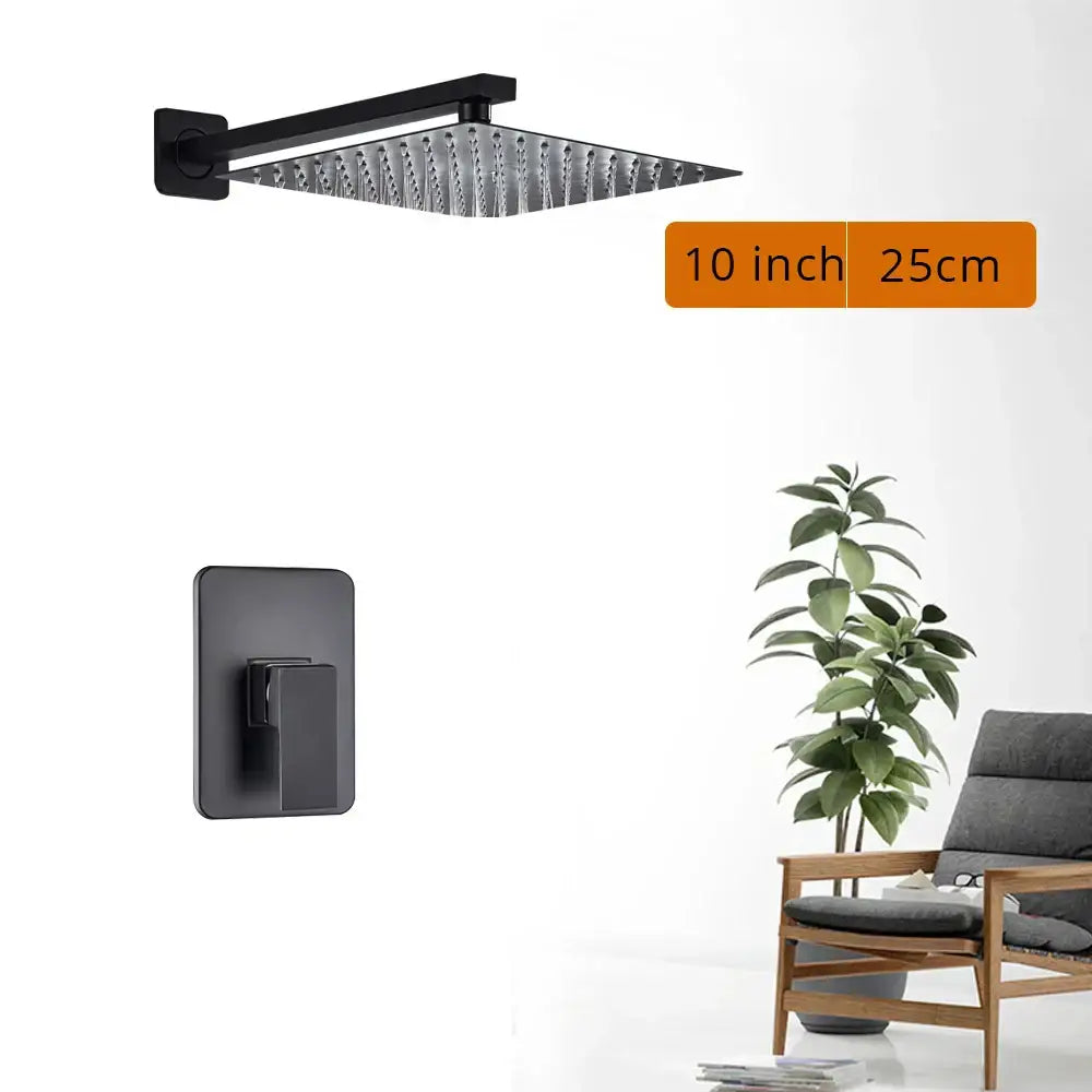 Modern matte black rainfall shower head with textured surface and matching wall-mounted shower faucet control panel